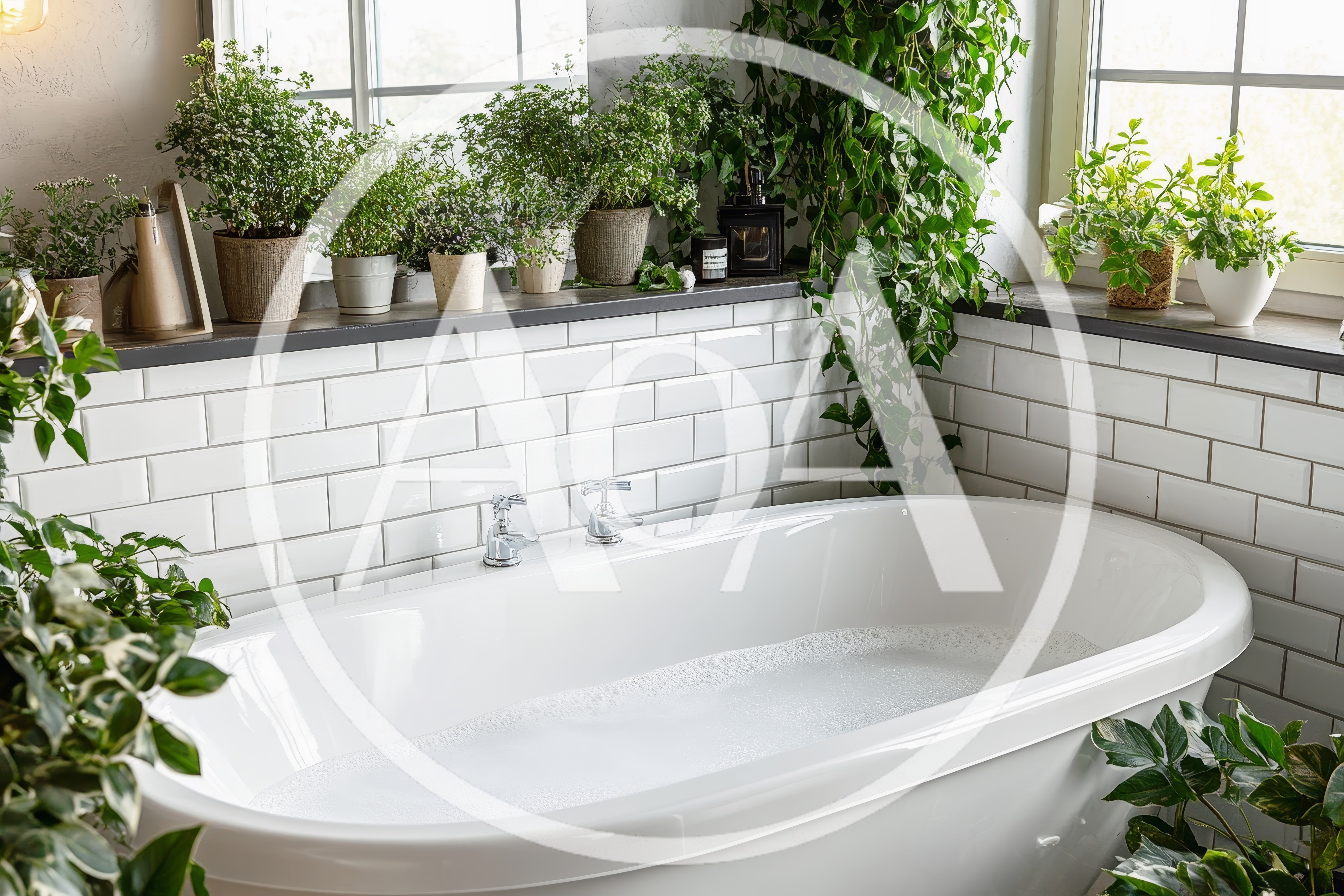 Luxurious Bathtub Filled With Bubbles In A Plant Filled Bathroom
