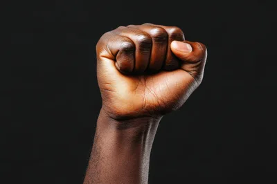 Raised Black Fist Against A Dark Background