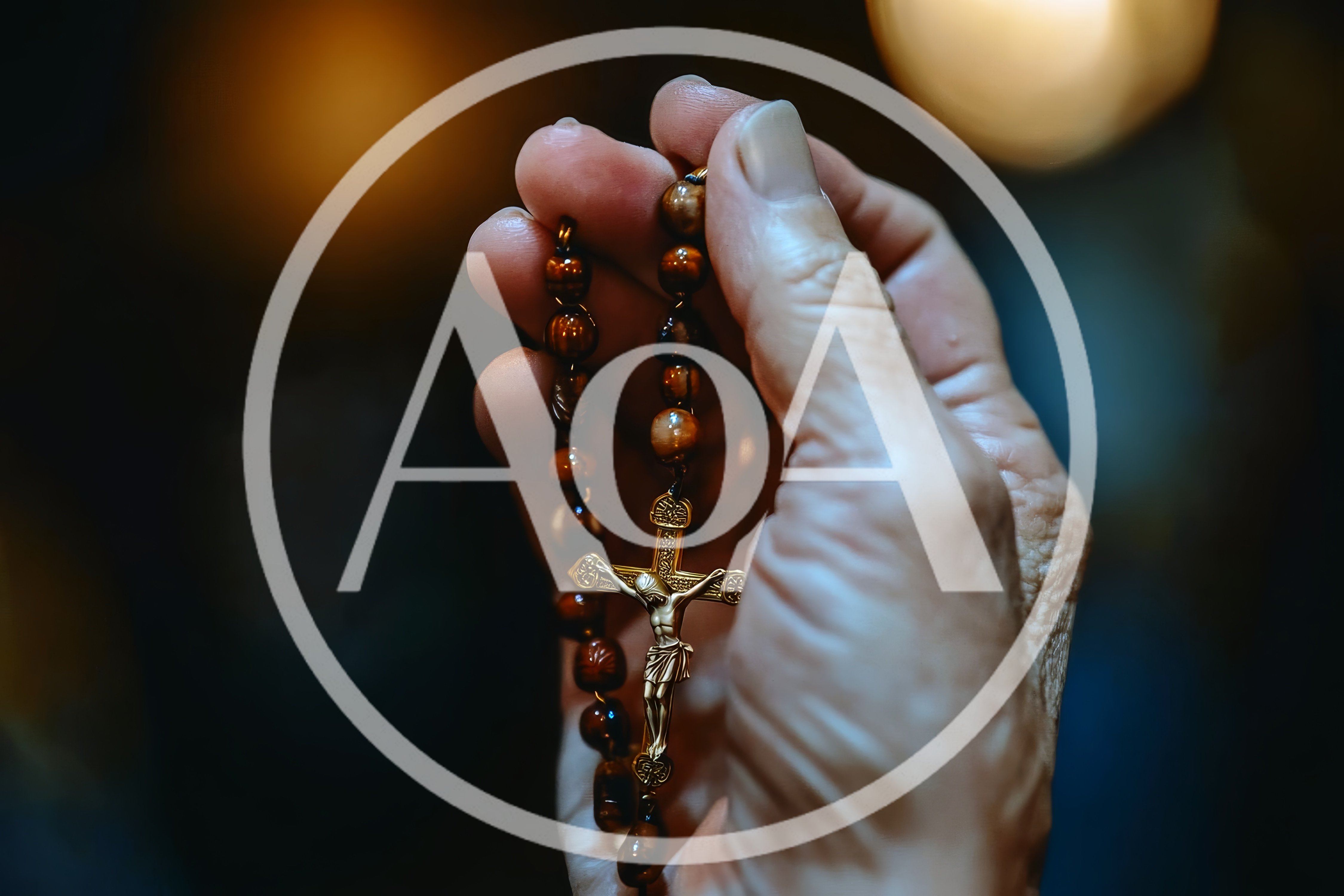 Elderly Person Holding A Wooden Rosary With Gold Crucifix