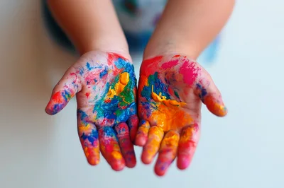 Child Hands Covered In Colorful Finger Paint