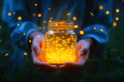Person Holding A Glass Jar Filled With Glowing Fireflies