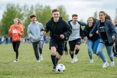 Group of Happy Teenagers Playing Soccer Outdoors