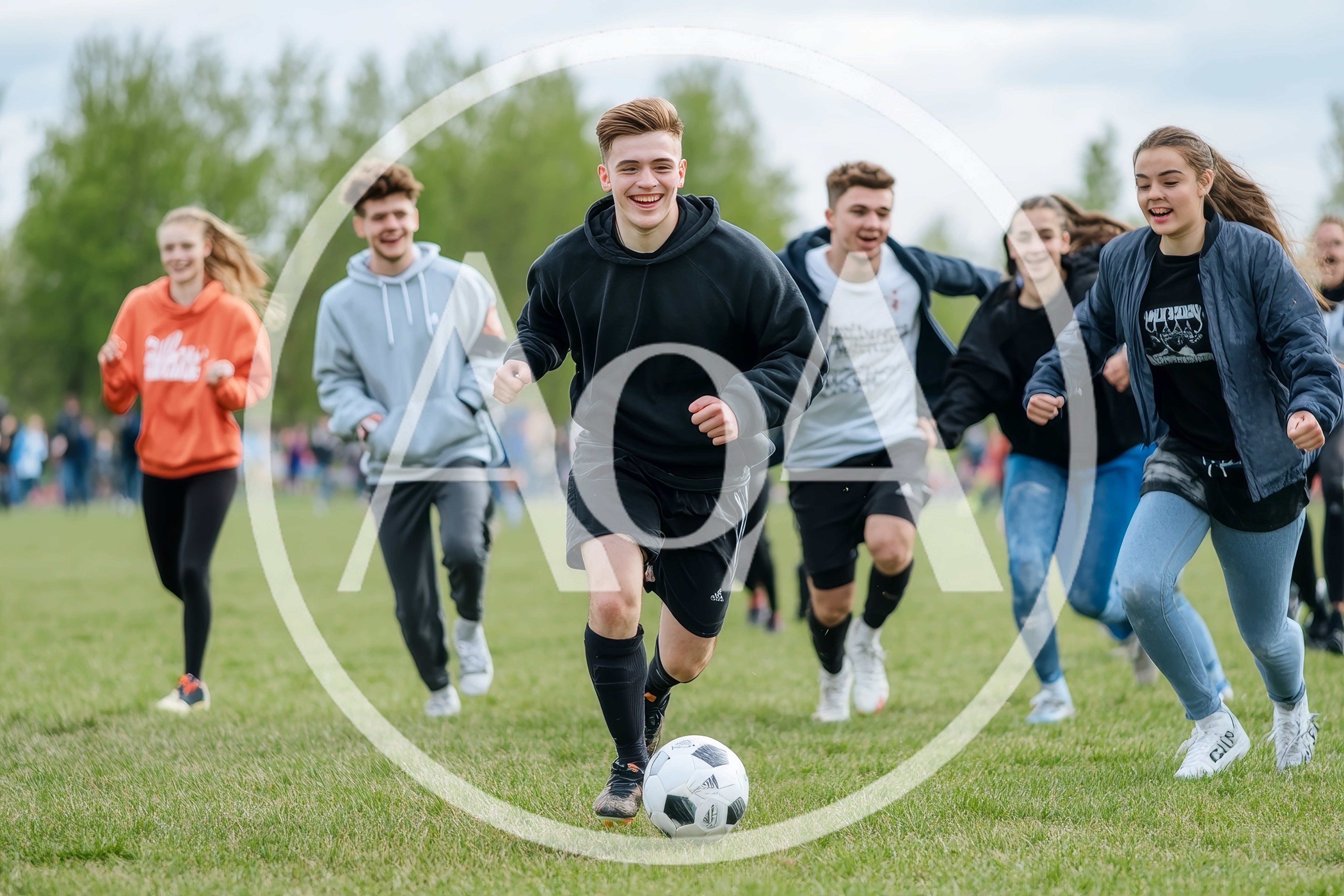 Group of Happy Teenagers Playing Soccer Outdoors