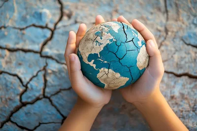 Child Hands Holding A Cracked Earth Globe