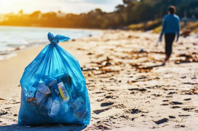 Blue Trash Bag Filled With Beach Plastic Waste