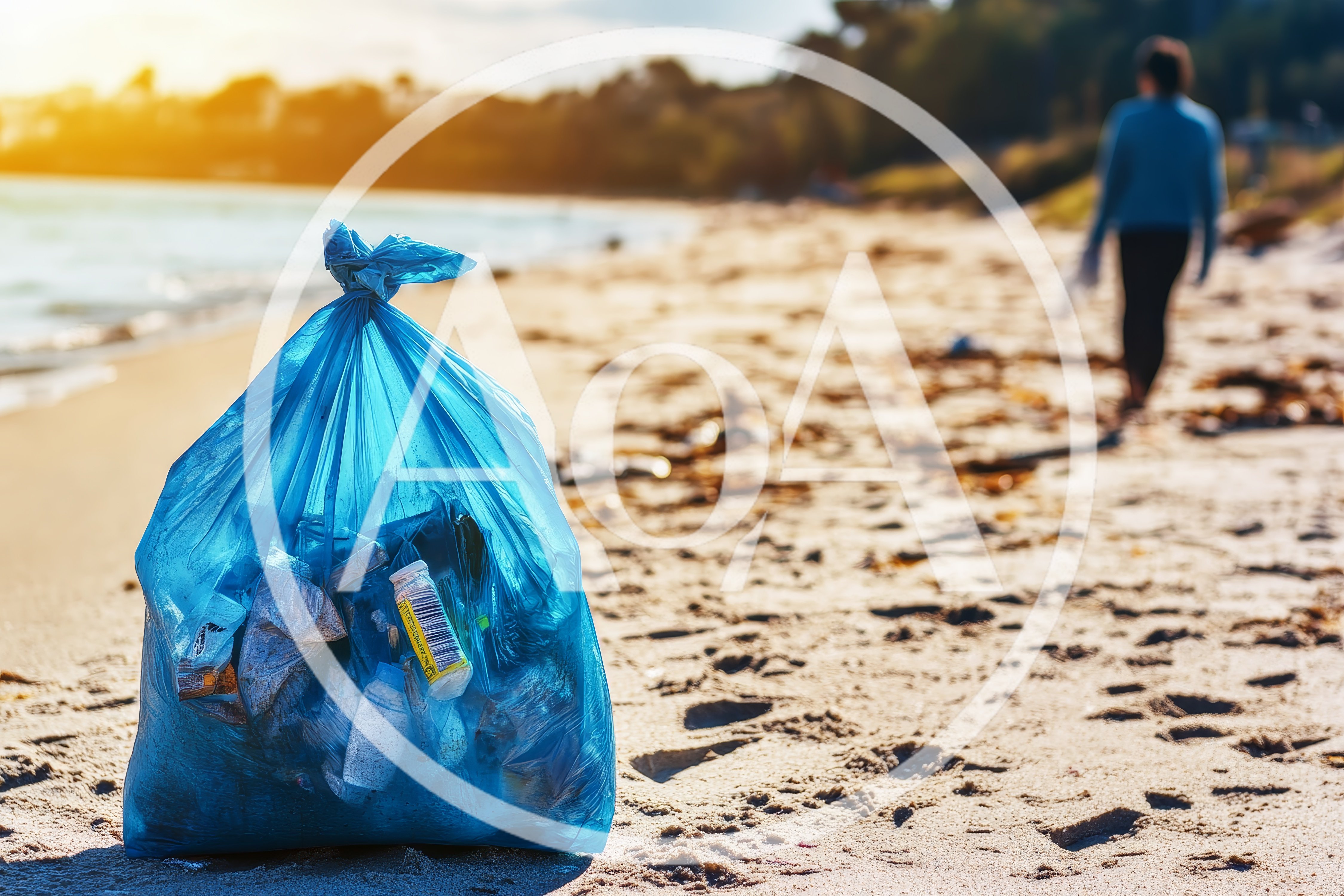 Blue Trash Bag Filled With Beach Plastic Waste