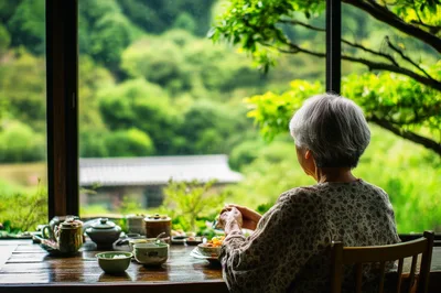 Elderly Woman Enjoying A Peaceful Meal By The Window