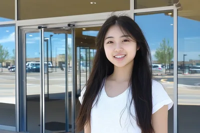 Young Asian Woman Smiling Outside Modern Glass Building