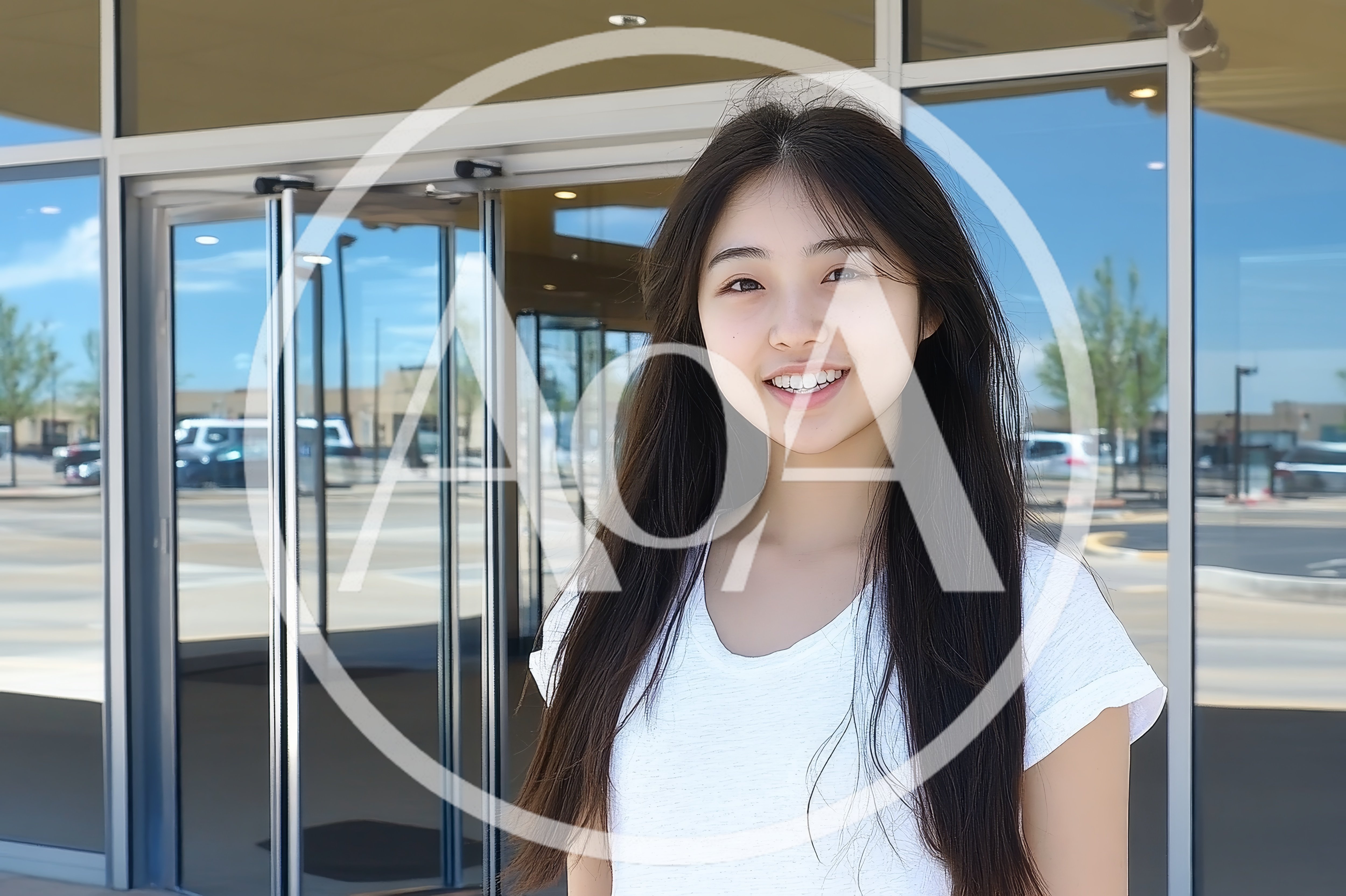 Young Asian Woman Smiling Outside Modern Glass Building