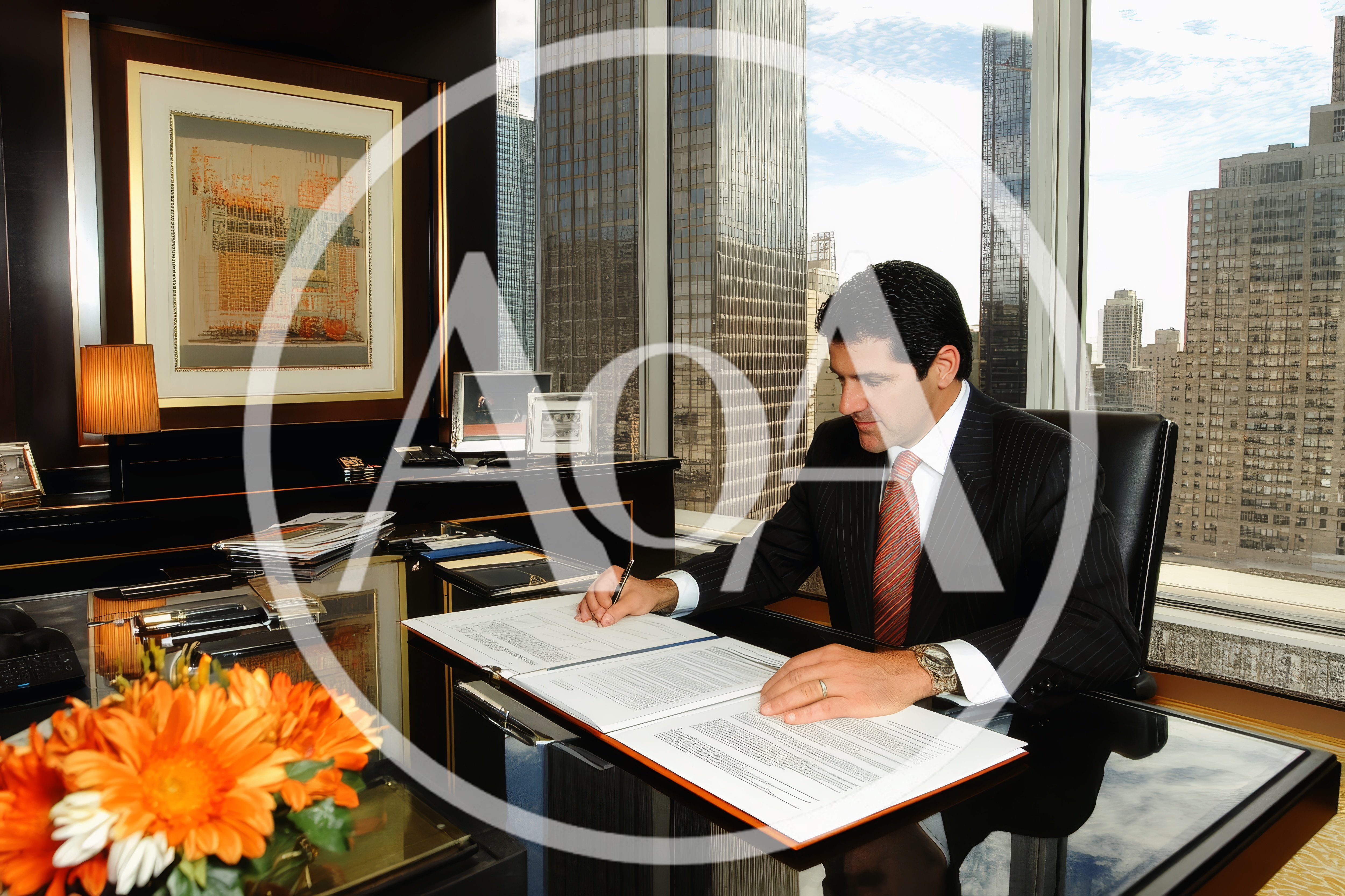 Businessman Signing Legal Documents In High Rise Office