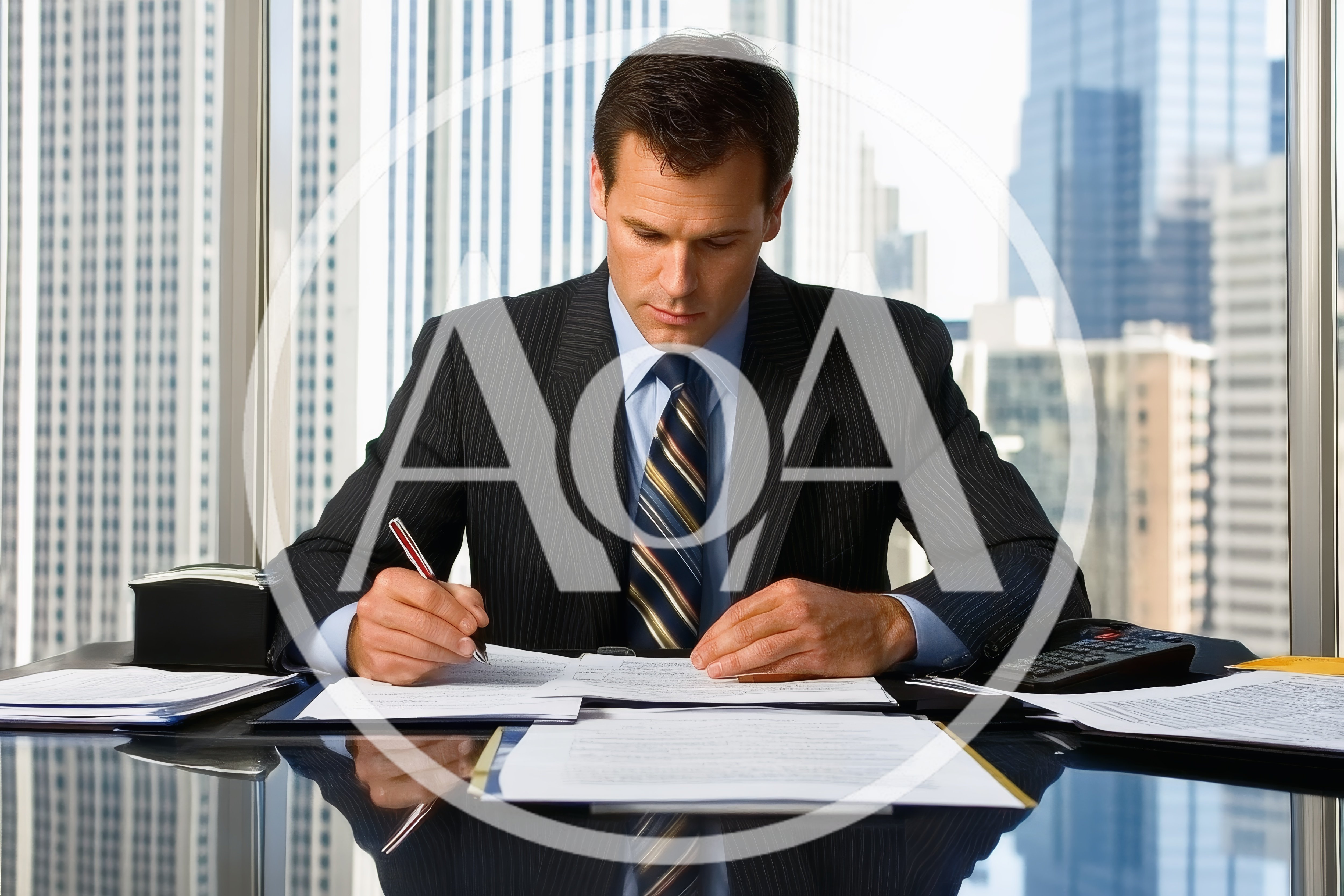 Professional Businessman Signing Documents In A High Rise Office