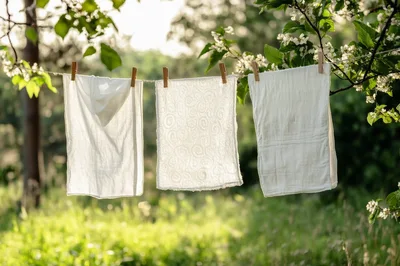 White Towels Drying On A Clothesline In A Garden