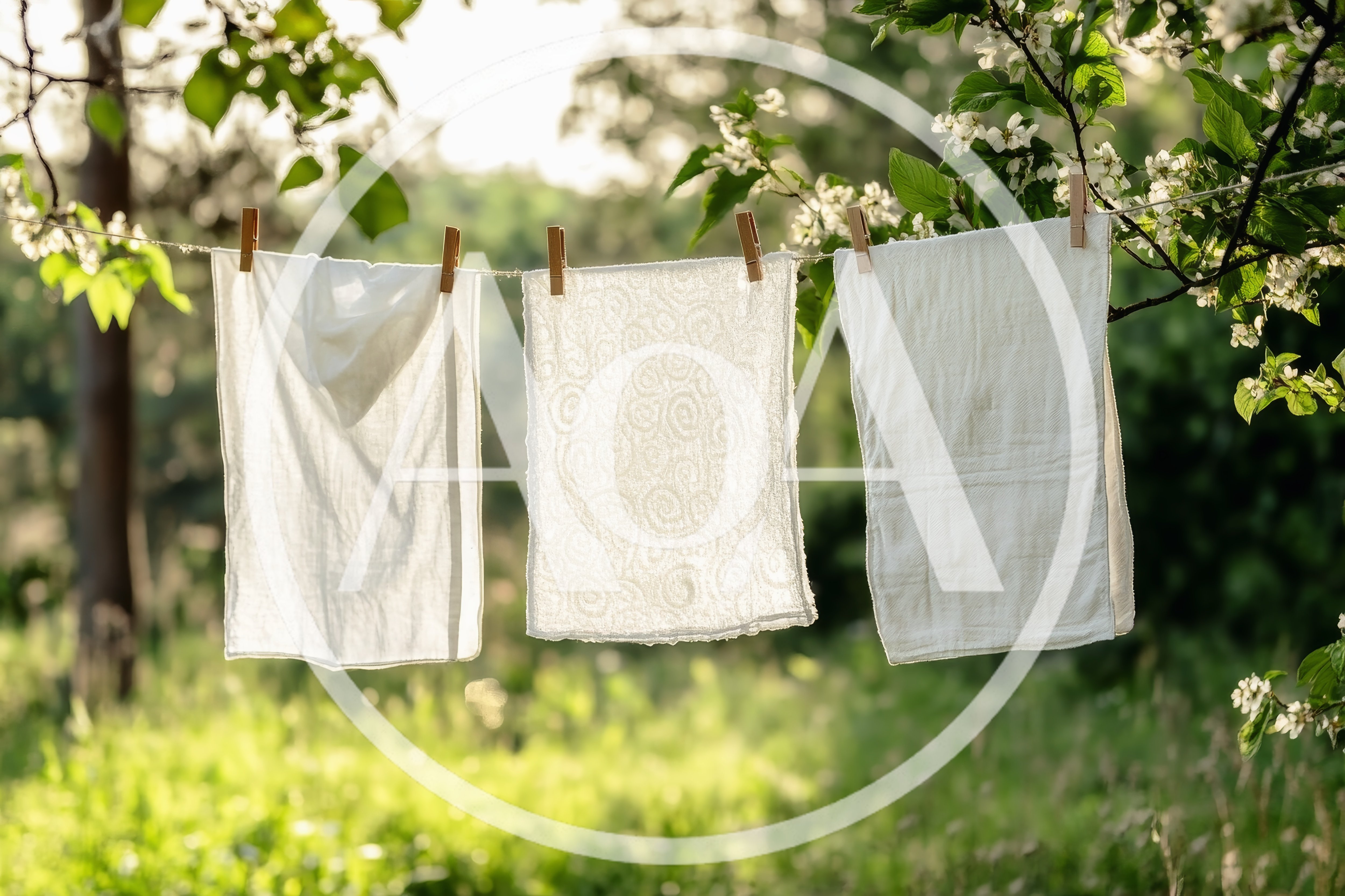 White Towels Drying On A Clothesline In A Garden