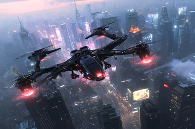 Futuristic Military Drone Flying Over Cyberpunk Cityscape