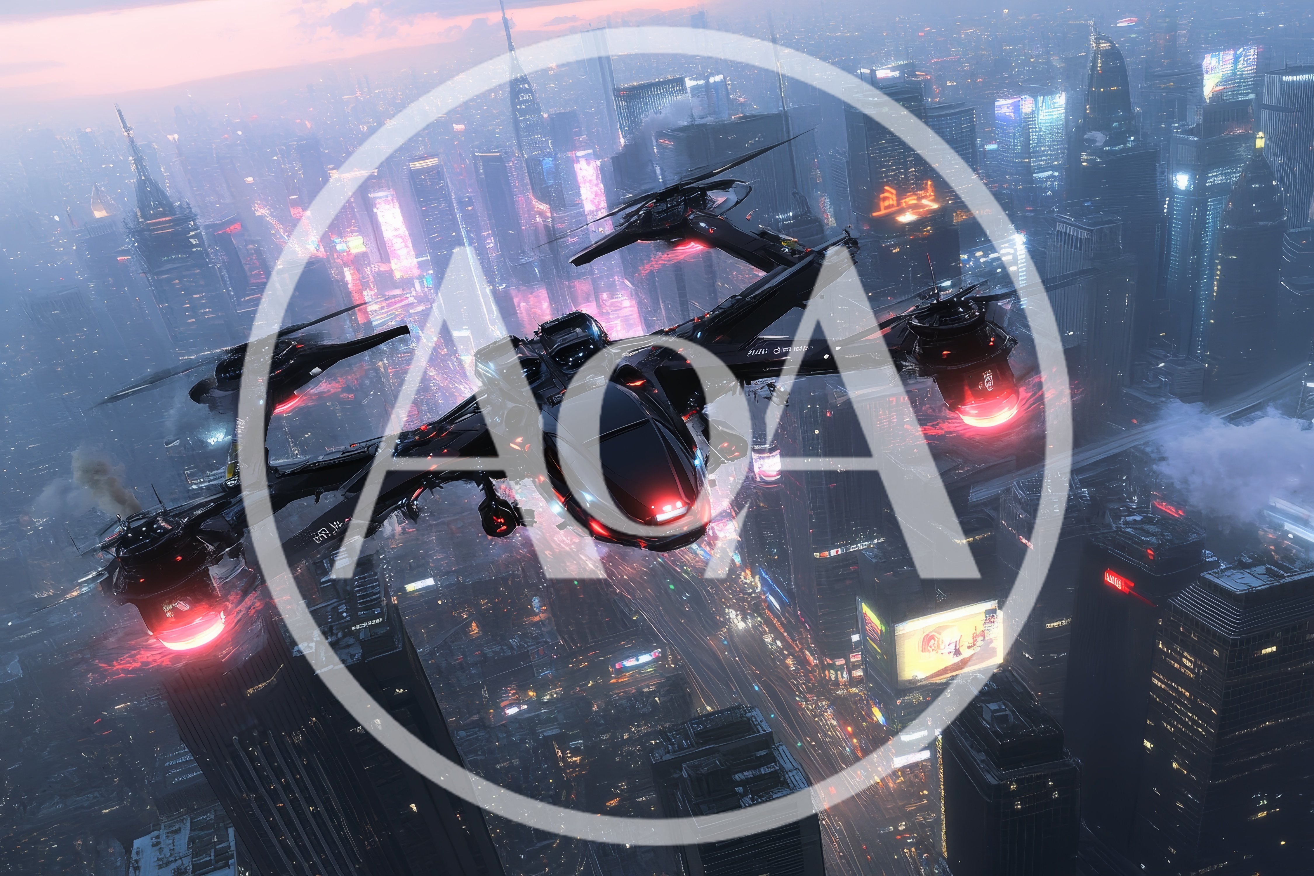 Futuristic Military Drone Flying Over Cyberpunk Cityscape