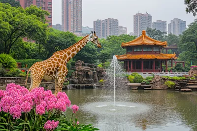 Giraffe Standing Near A Traditional Chinese Pavilion And Fountain