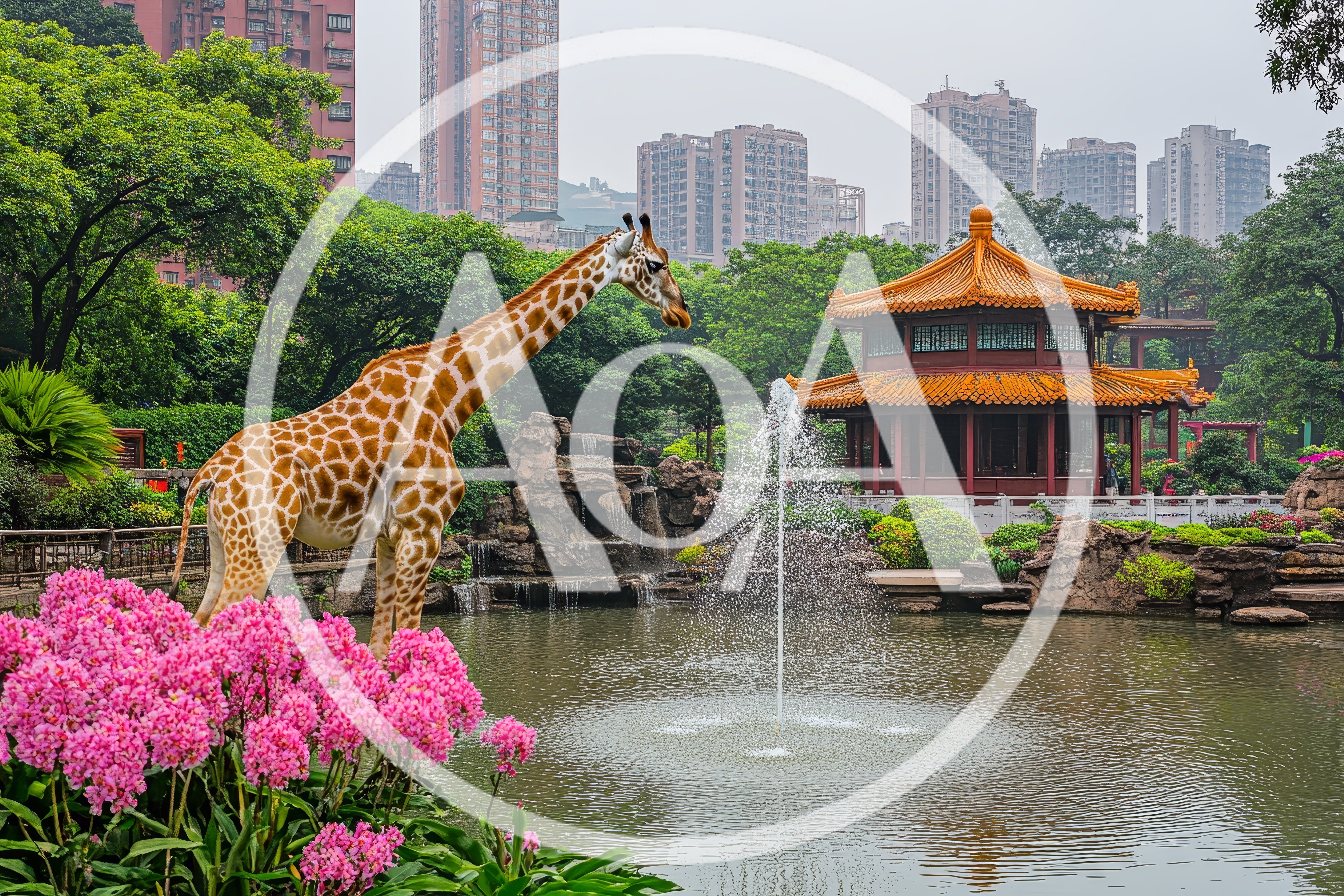 Giraffe Standing Near A Traditional Chinese Pavilion And Fountain