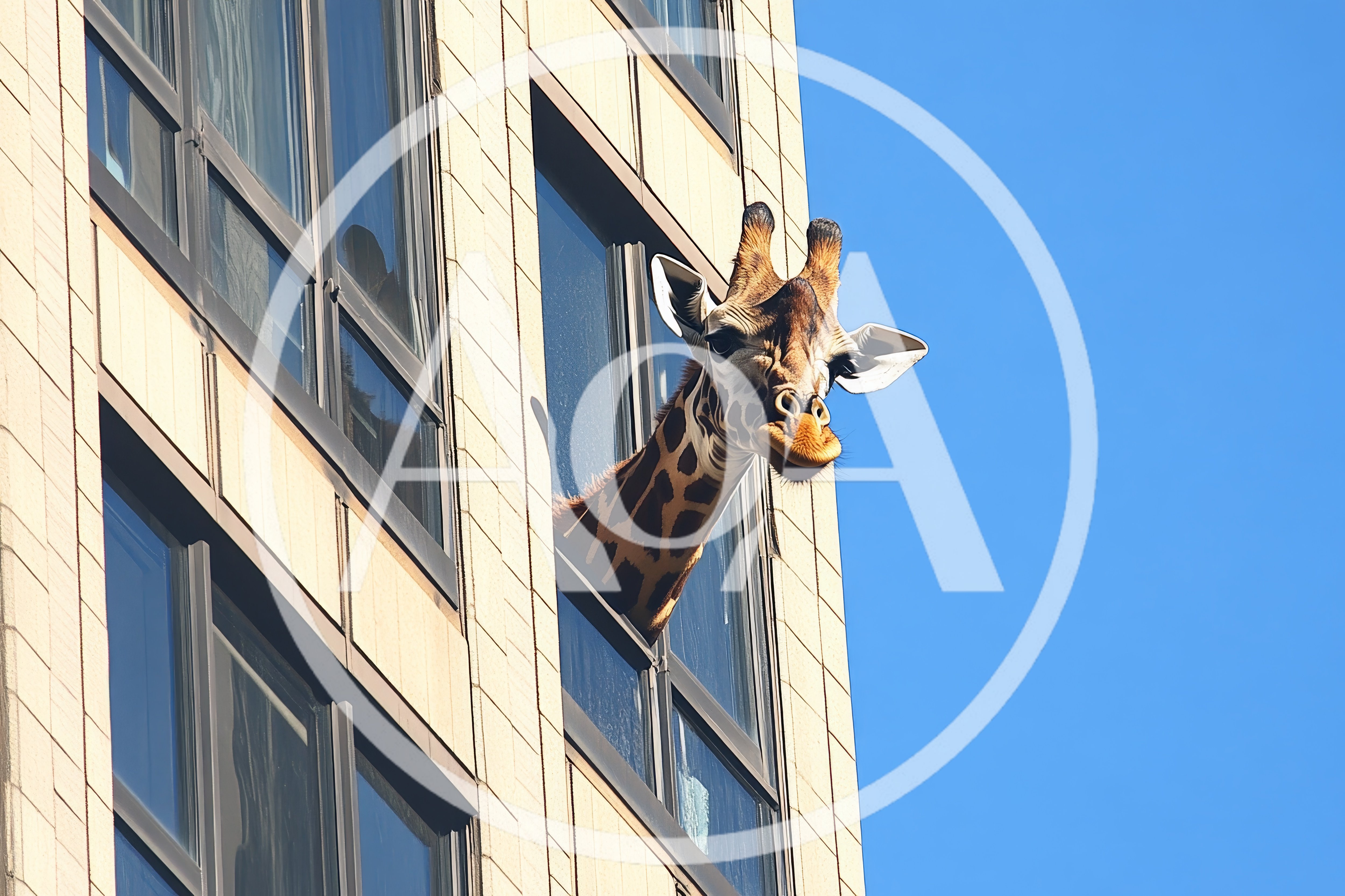 Giraffe Head Peeking Out From High Rise Building Window