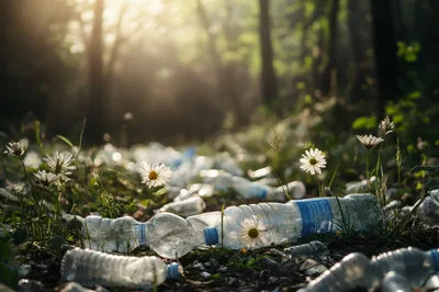 Plastic Bottles Littering A Sunny Forest Floor