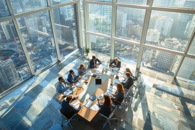 Corporate Business Team Meeting in High Rise Office
