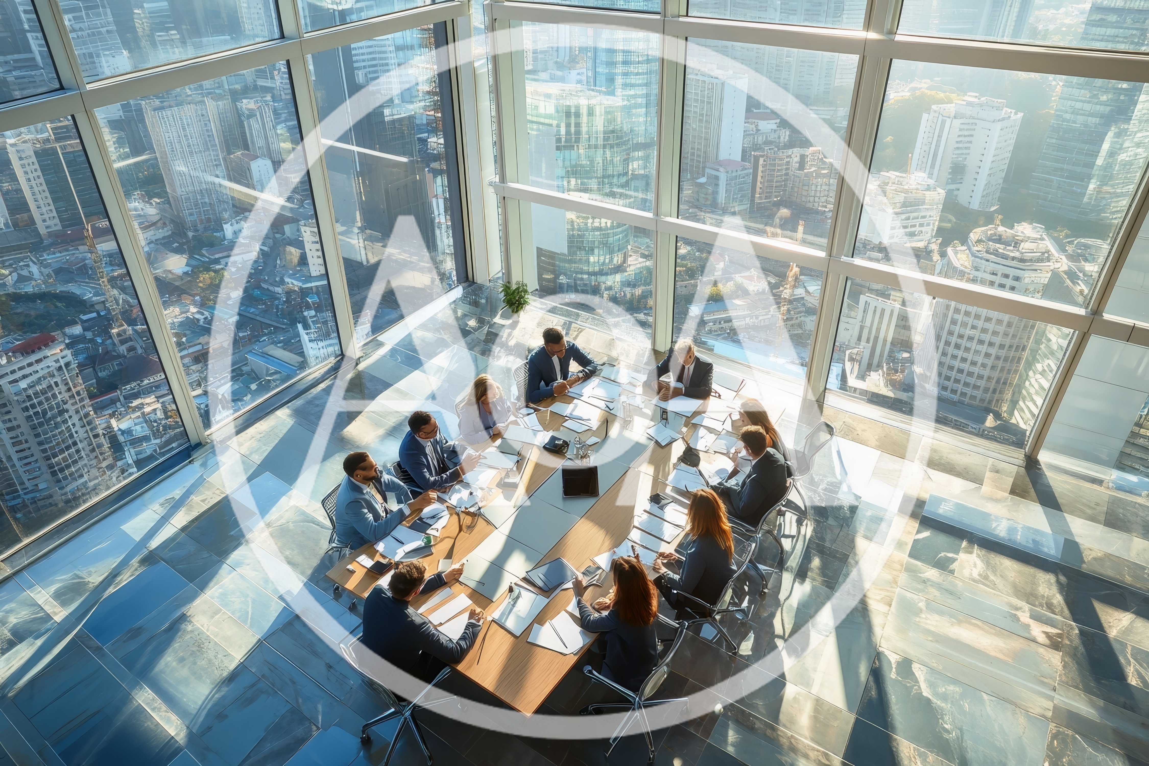 Corporate Business Team Meeting in High Rise Office