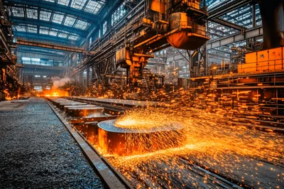 Industrial Steel Manufacturing Process With Molten Metal Sparks