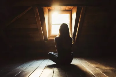 Woman Sitting Alone In A Dark Attic