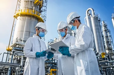 Industrial Engineers Inspecting Refinery Equipment With Digital Tablet