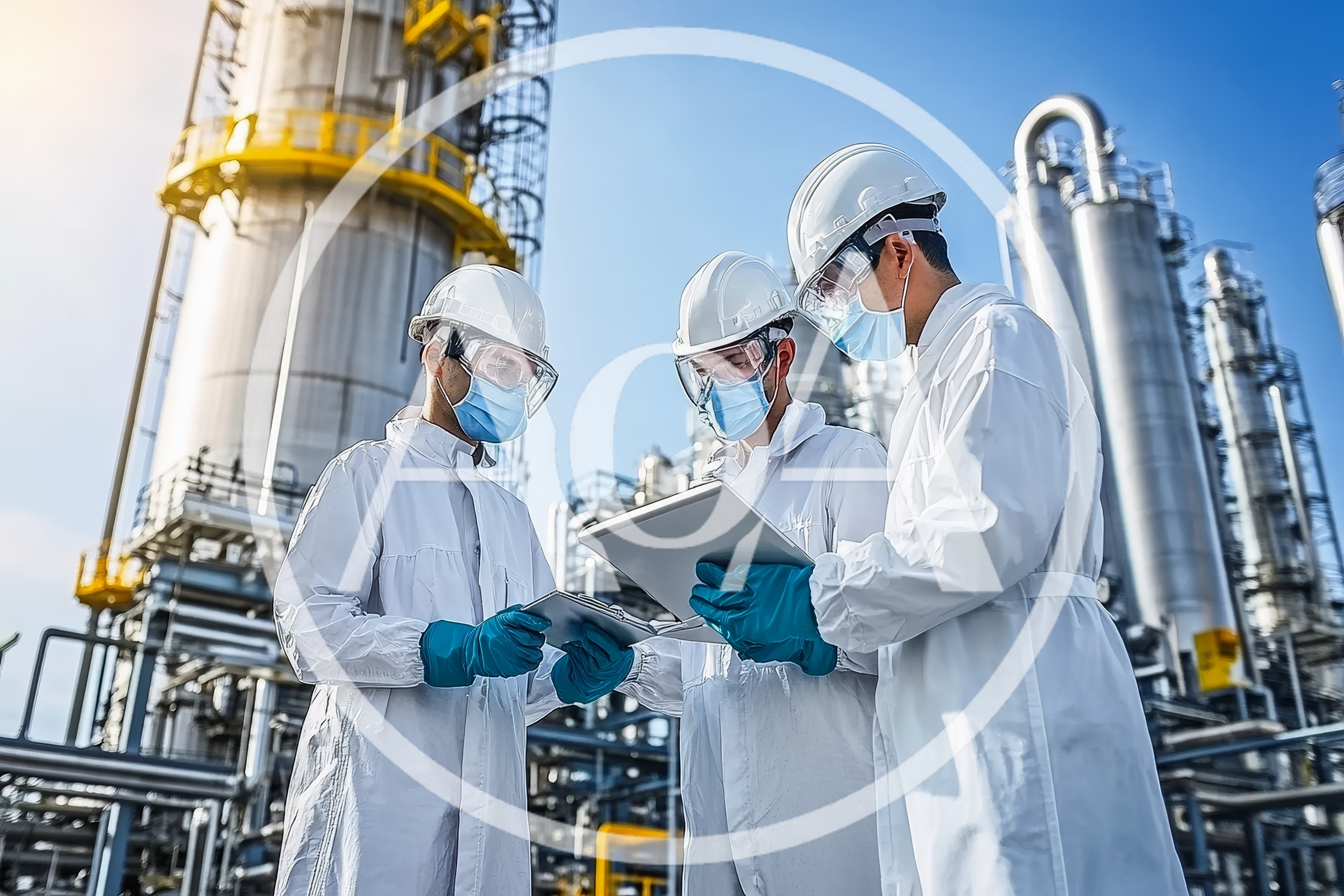 Industrial Engineers Inspecting Refinery Equipment With Digital Tablet