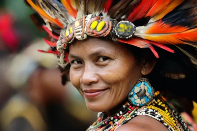 Portrait Of Indigenous Woman In Traditional Tribal Headdress