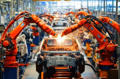 Automated Robotic Welding Of Car Chassis In Factory