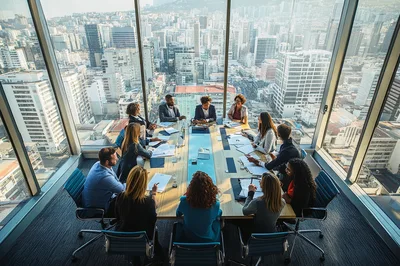 Diverse Business Team Collaborating In High Rise Boardroom