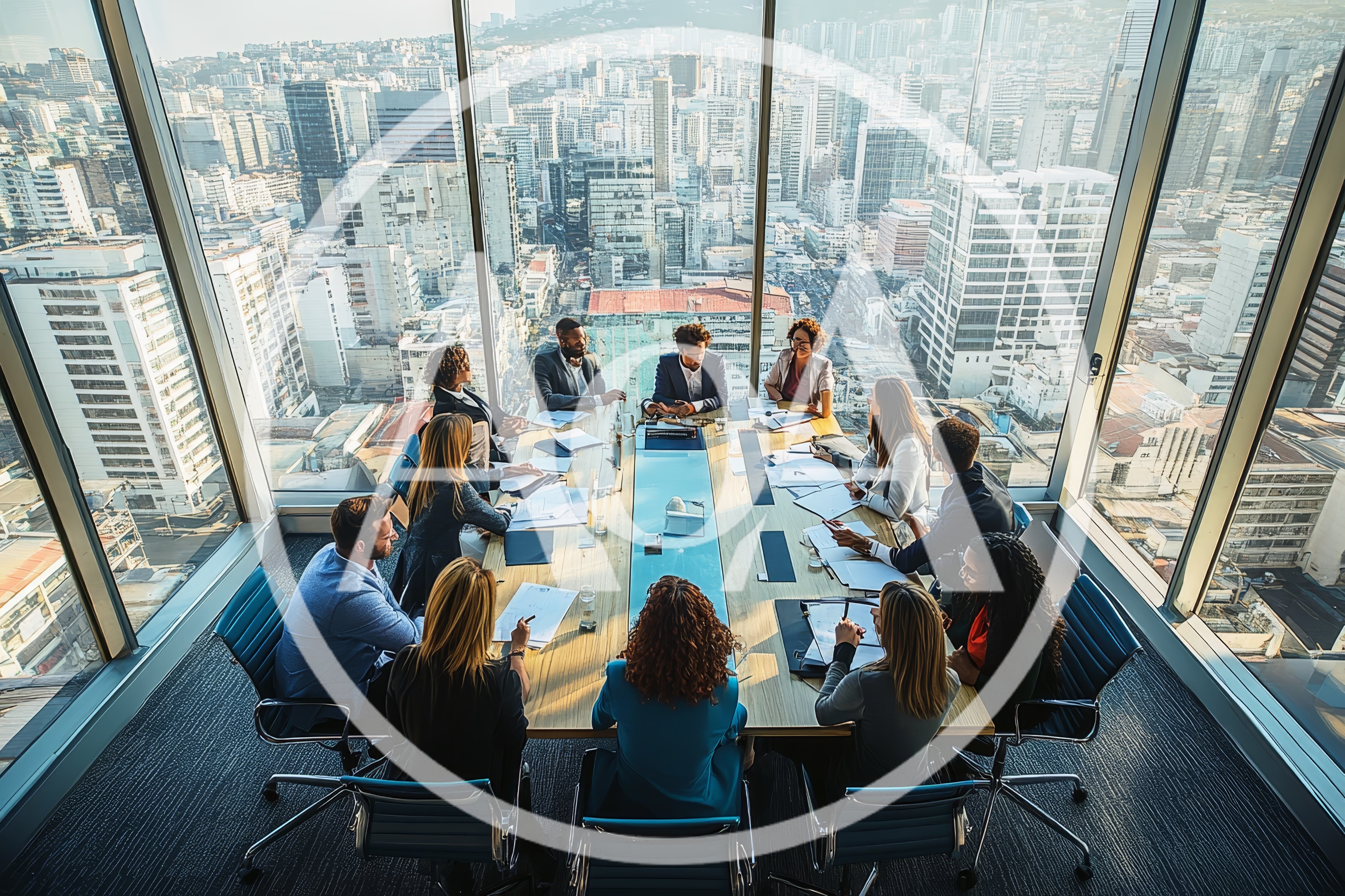 Diverse Business Team Collaborating In High Rise Boardroom