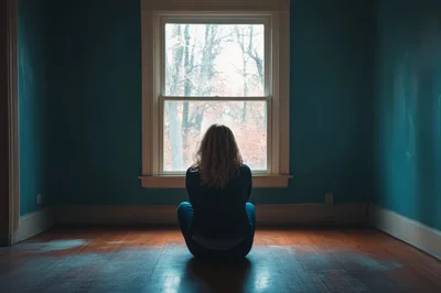 Woman Sitting Alone On Floor Looking Out Window