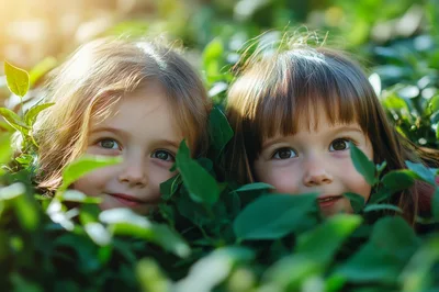 Two Young Girls Peeking Through Lush Green Foliage