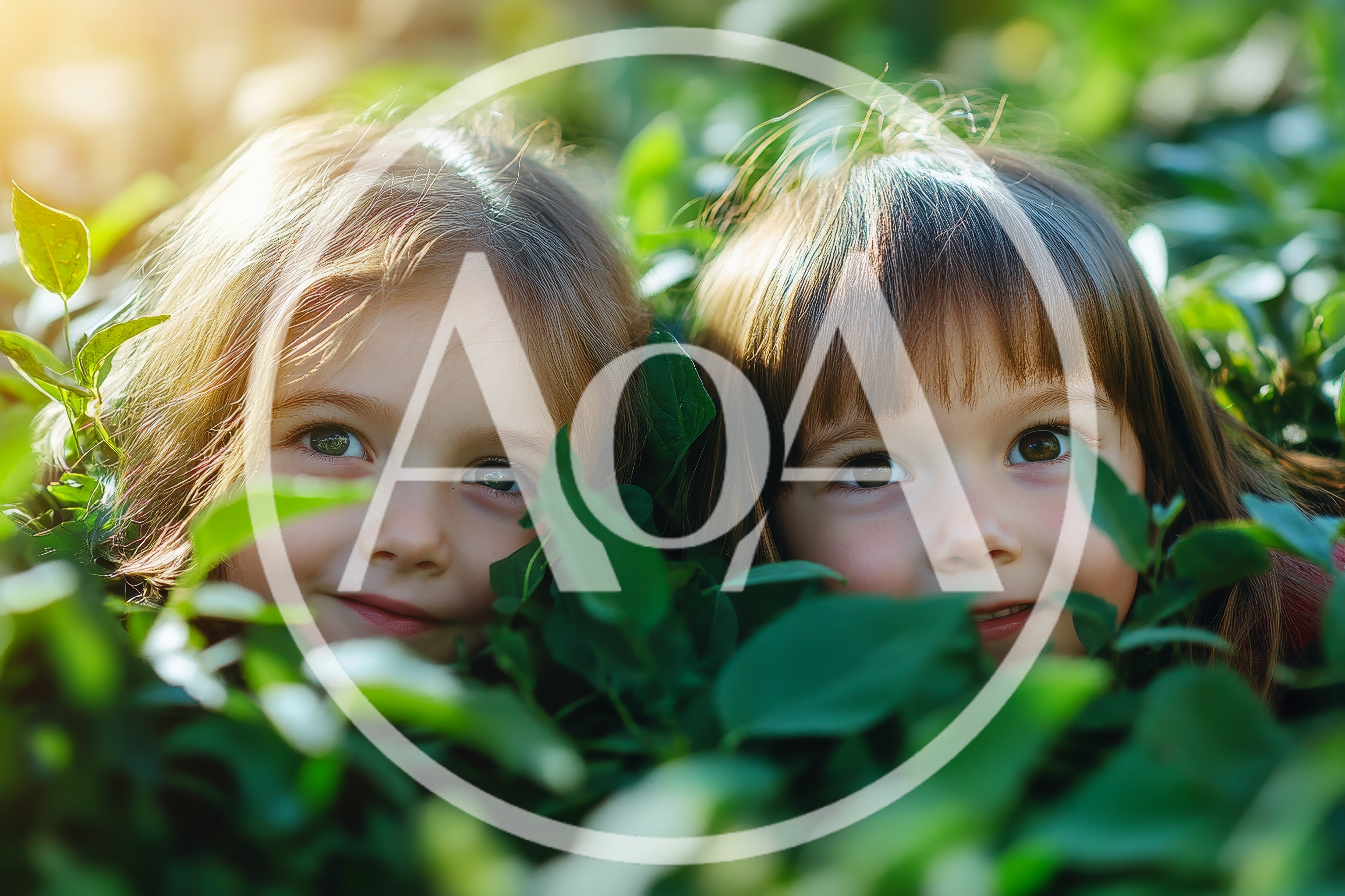 Two Young Girls Peeking Through Lush Green Foliage