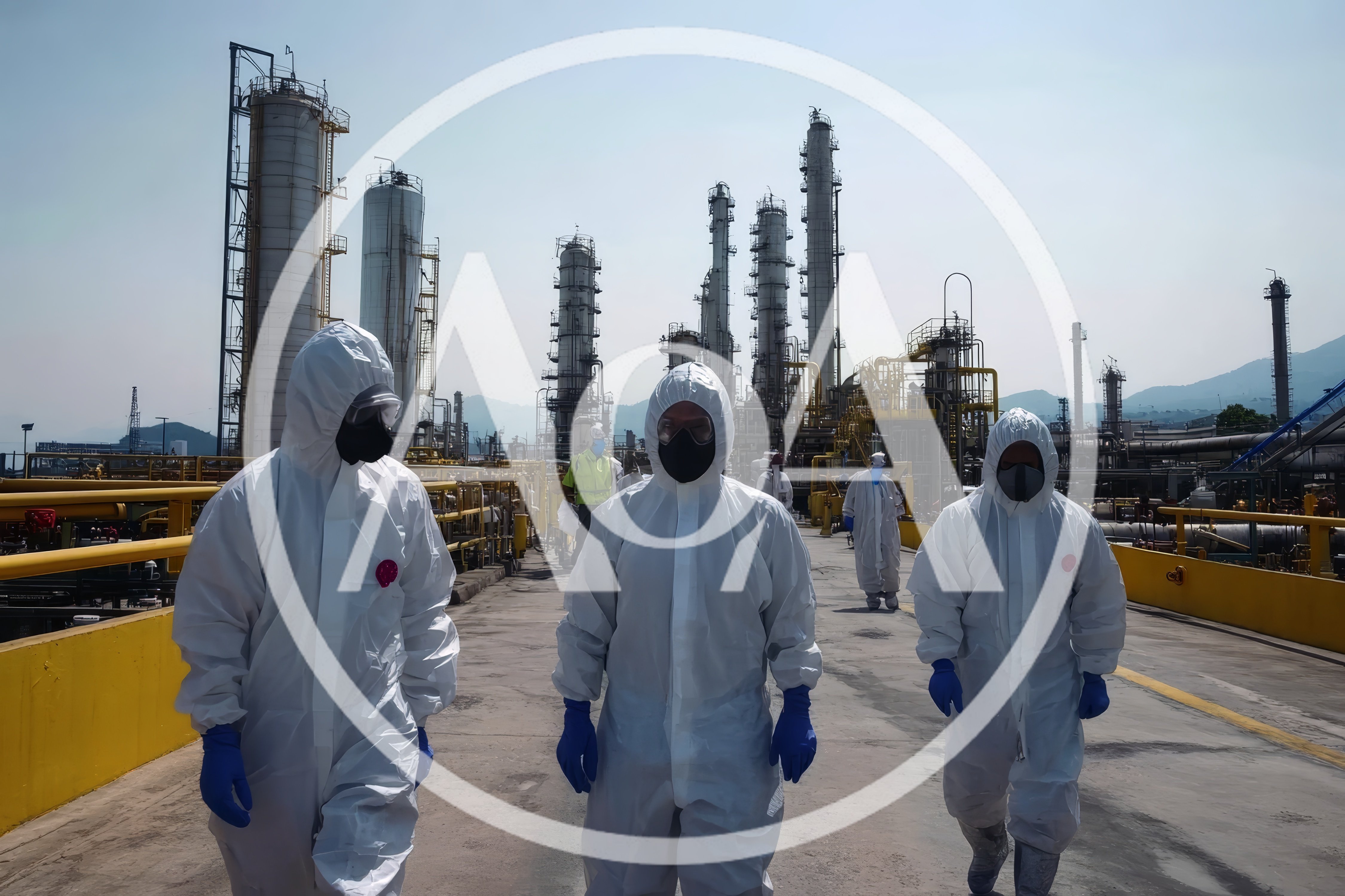 Industrial Workers In Hazmat Suits Walking At Refinery