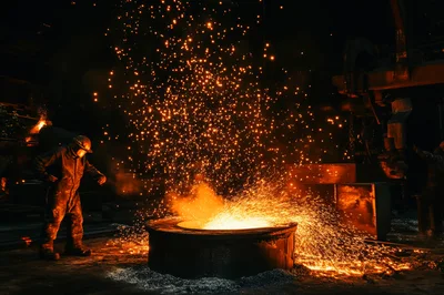 Industrial Steel Worker Overseeing Molten Metal Casting