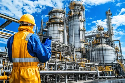 Industrial Engineer Inspecting Oil Refinery With Digital Tablet