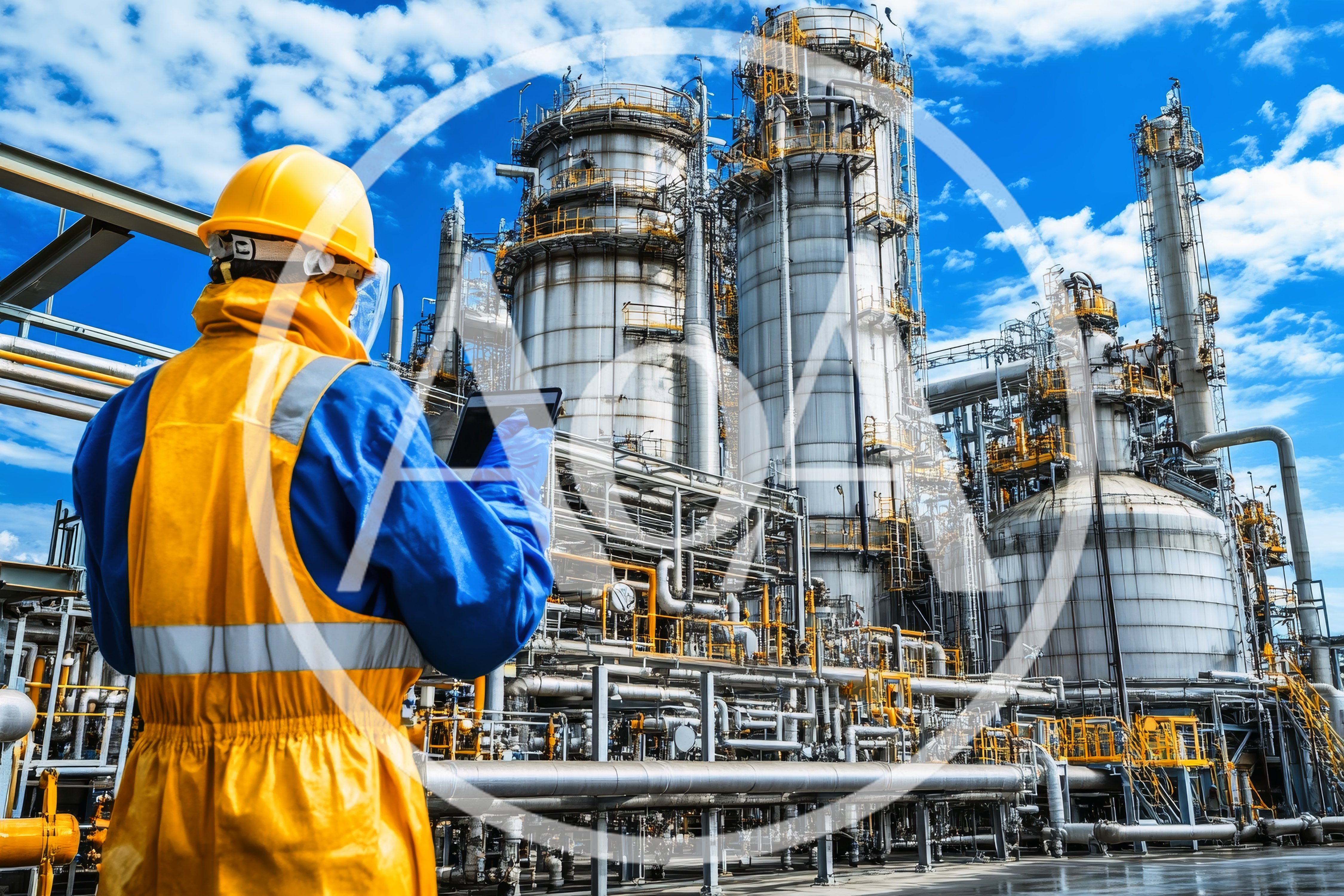 Industrial Engineer Inspecting Oil Refinery With Digital Tablet