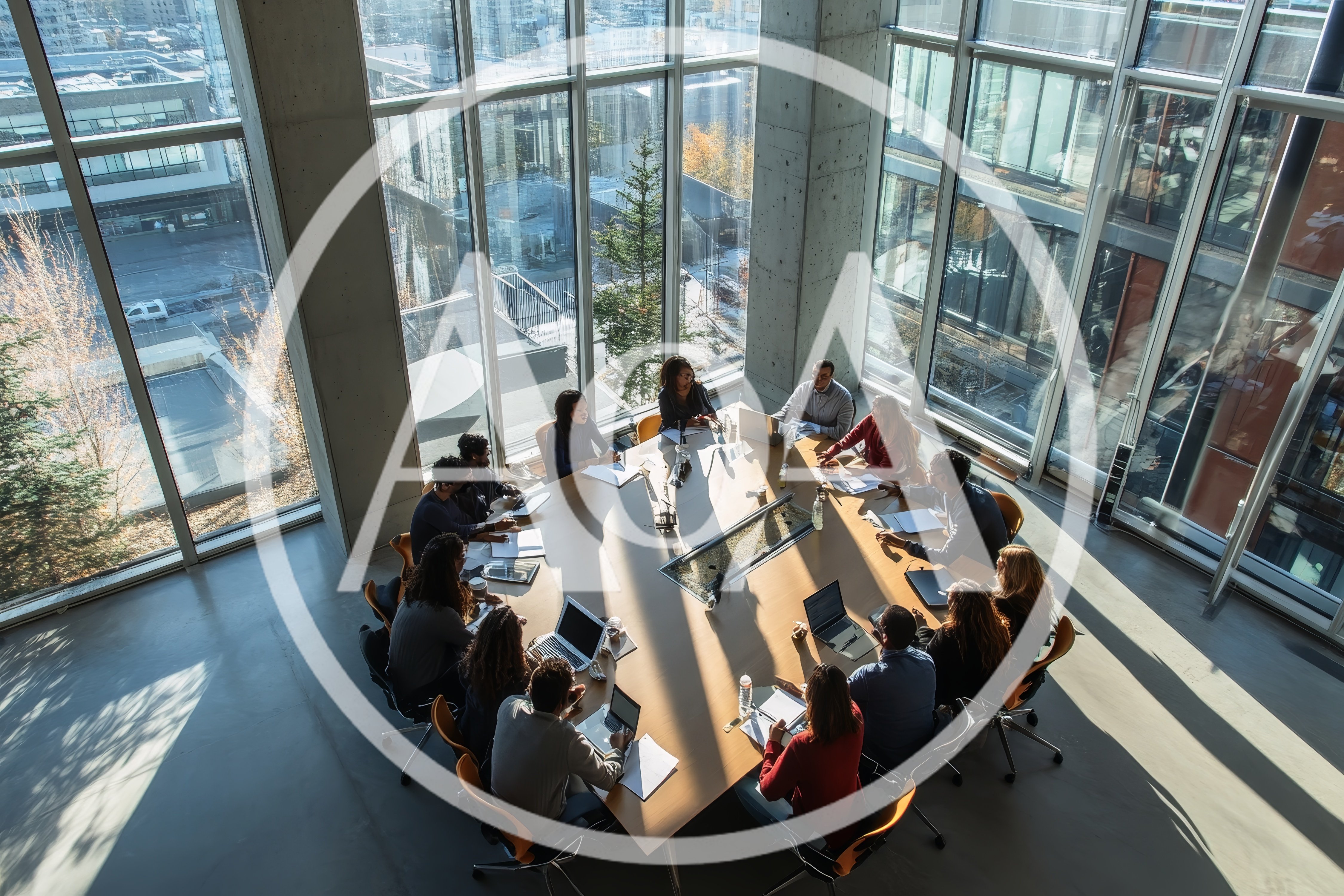 Diverse Business Team Collaborating in Modern Glass Conference Room
