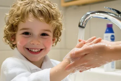 Happy Young Boy Washing Hands With Parent