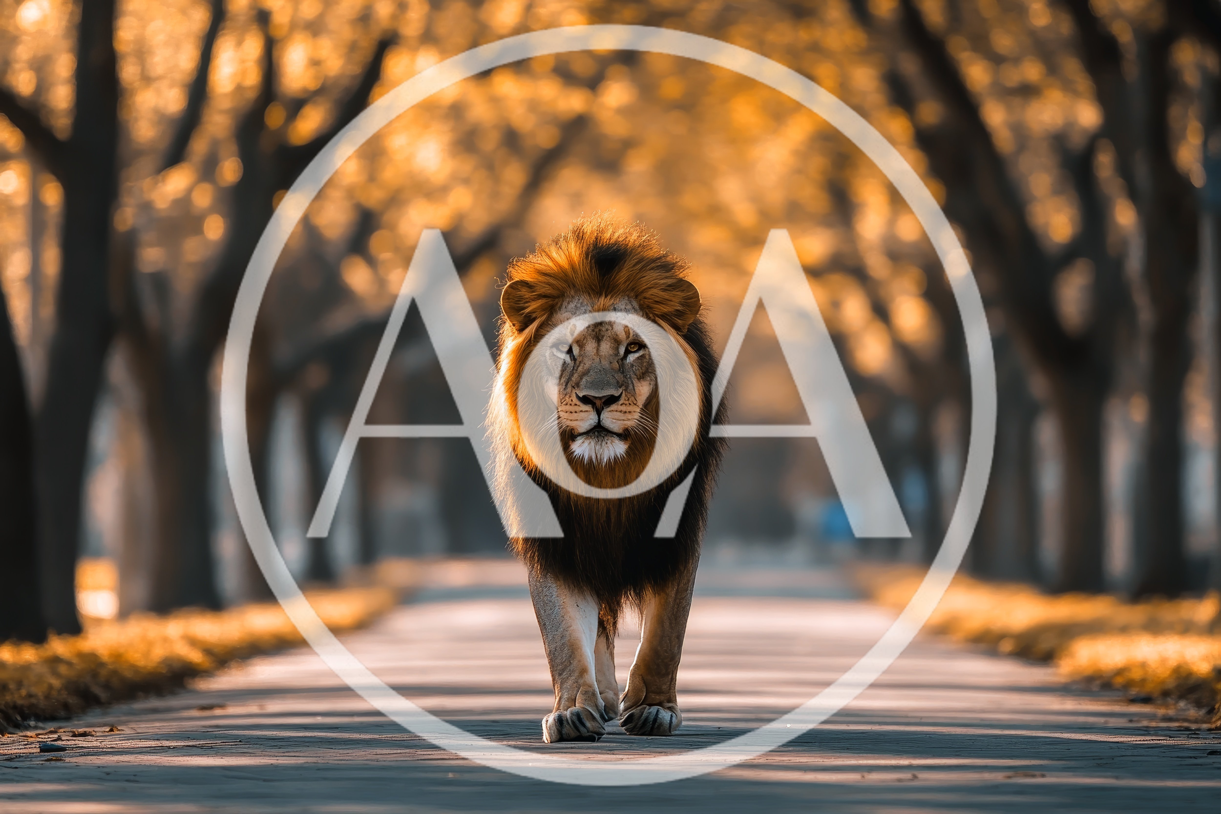 Majestic Male Lion Walking Down A Tree Lined Path