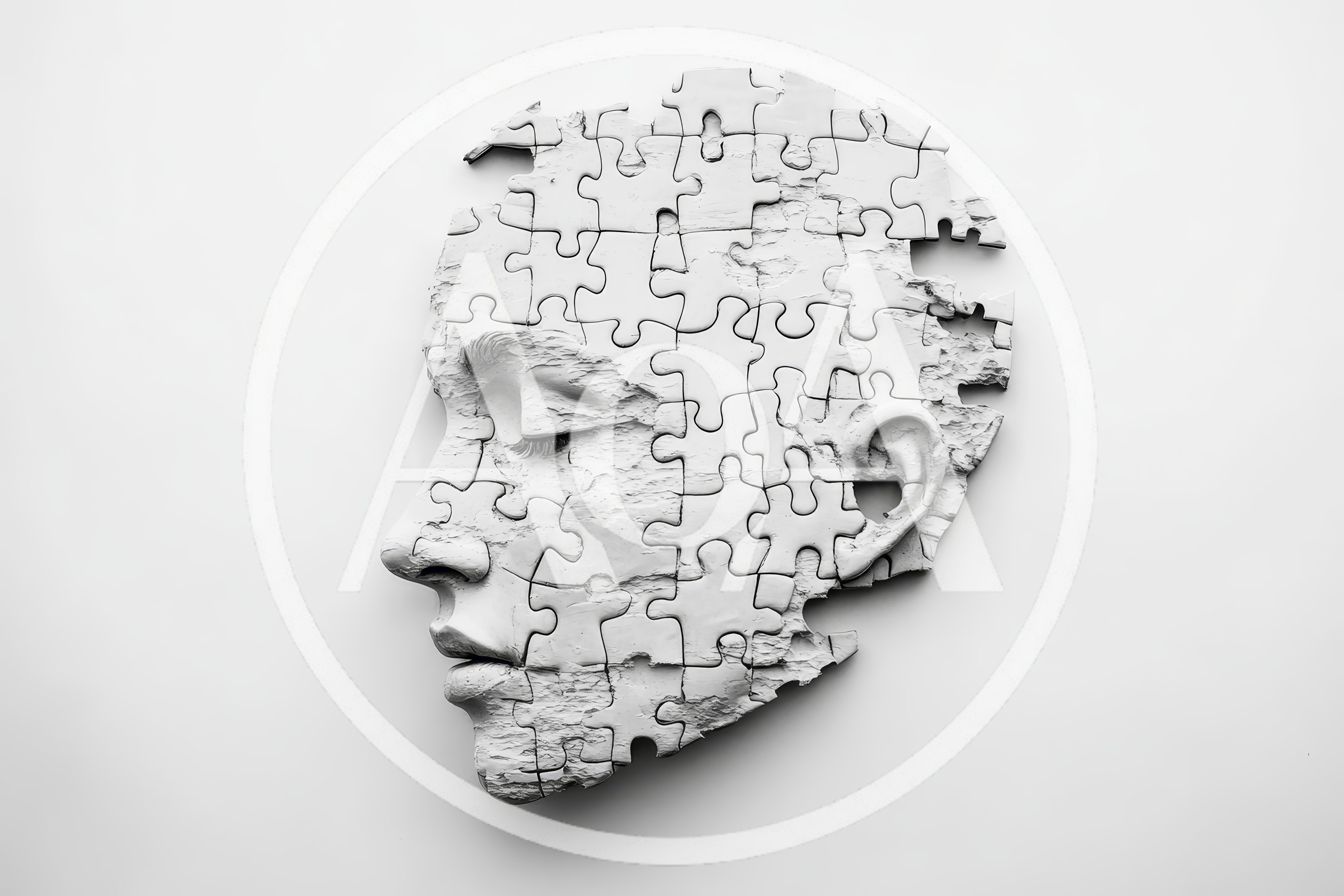 White Puzzle Pieces Forming A Human Face Profile