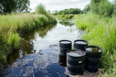 Black Oil Barrels Polluting A Natural River Stream