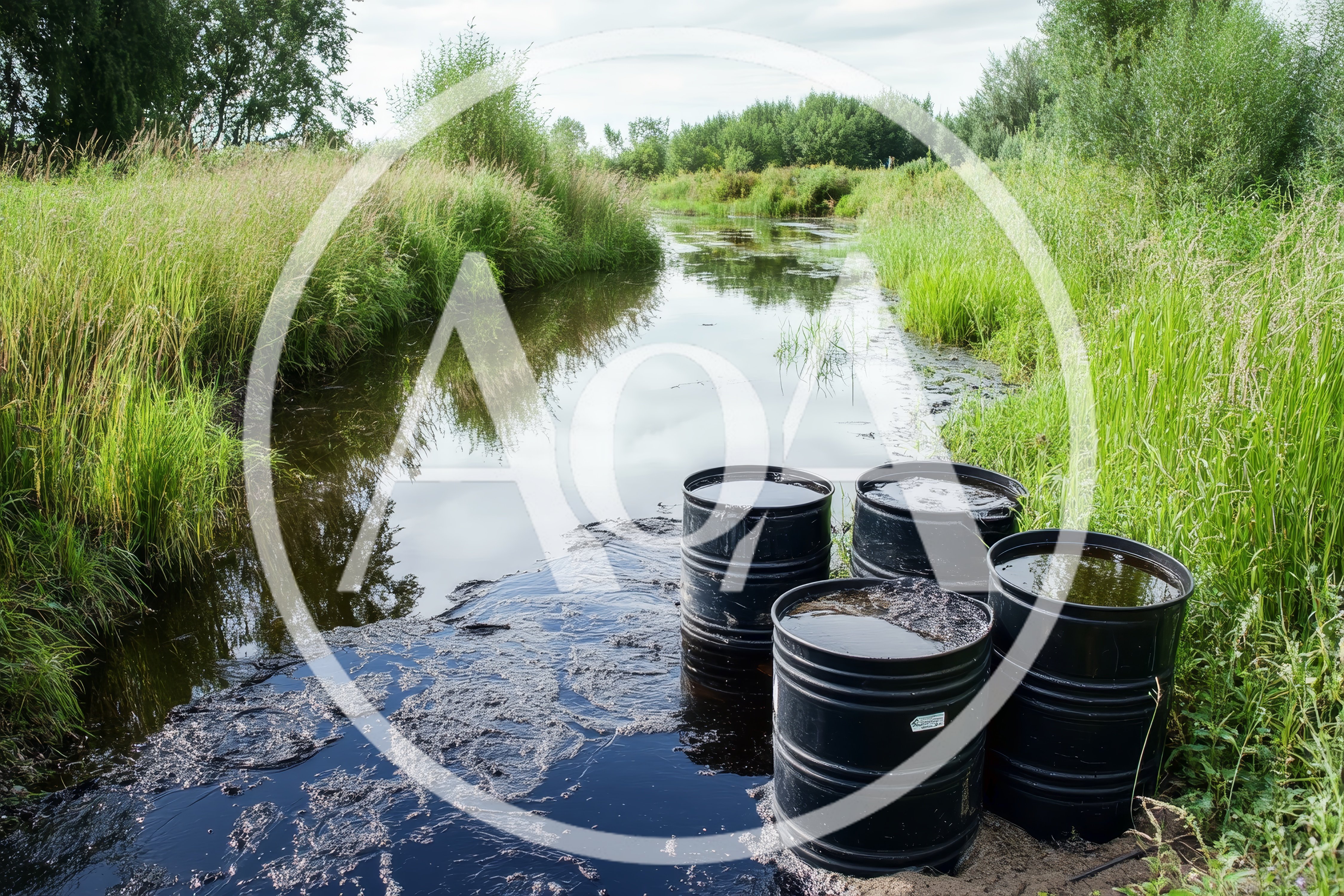 Black Oil Barrels Polluting A Natural River Stream