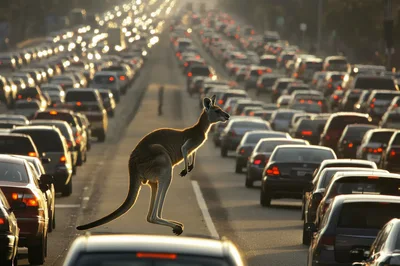 Kangaroo Leaping Across Busy Highway Traffic
