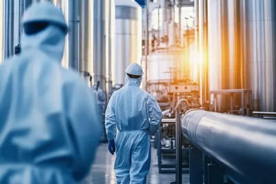 Industrial Workers in Protective Suits Walking Through Factory
