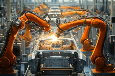 Automated Robotic Arms Welding Car Chassis In Factory