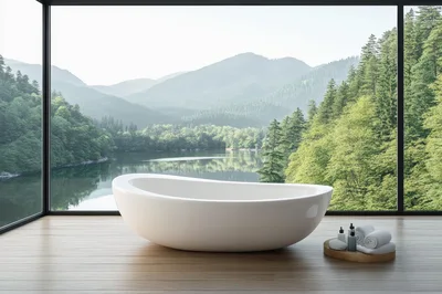 Modern Bathtub In Luxury Bathroom With Scenic Lake View
